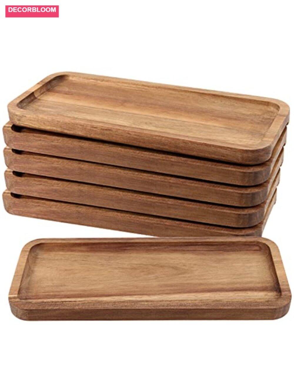 Set of 6 Acacia Wood Serving Platters Rectangular Grooved Trays 11.8x5.1